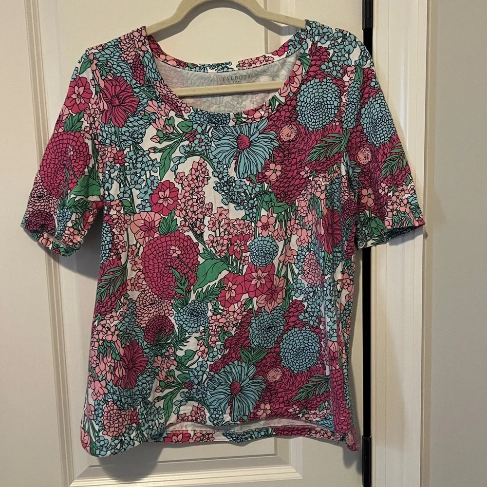 Talbots COTTON SCOOP NECK TEE shirt - BREEZY FLORAL great for spring size Large - Picture 3 of 5